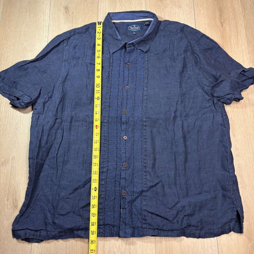 Nat Nast Luxury Originals Mens XXL Navy Blue 100% Linen Embroidered Camp Shirt - Picture 6 of 6